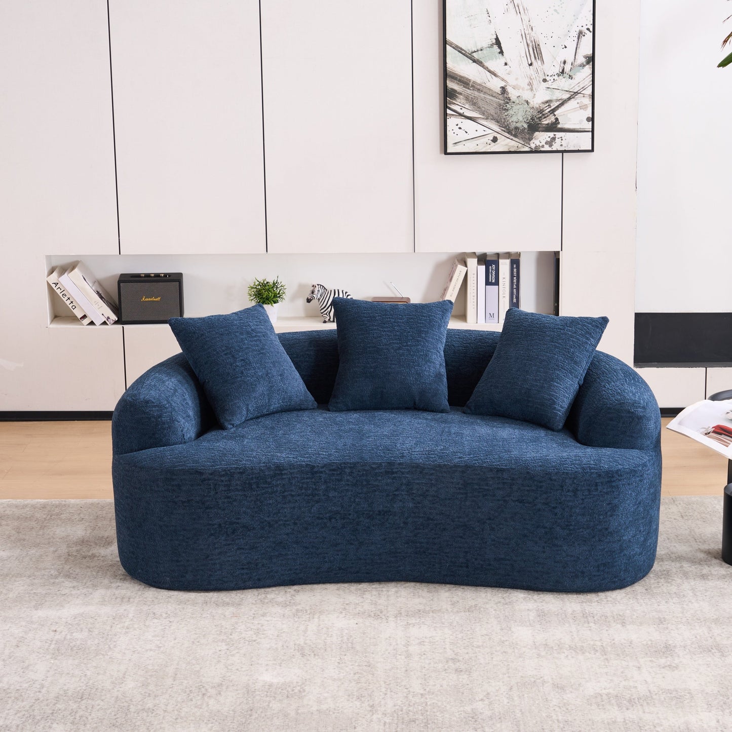 NEW LY-025S Chenille  Curved Loveseat Blue Full Compression Sponge Sofa with 3 Pillows