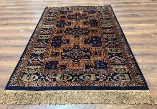 USED Vintage Afghan Rug 4x6, Navy Blue and Light Brown, Geometric Medallions, Wool on Wool, Tribal Rug