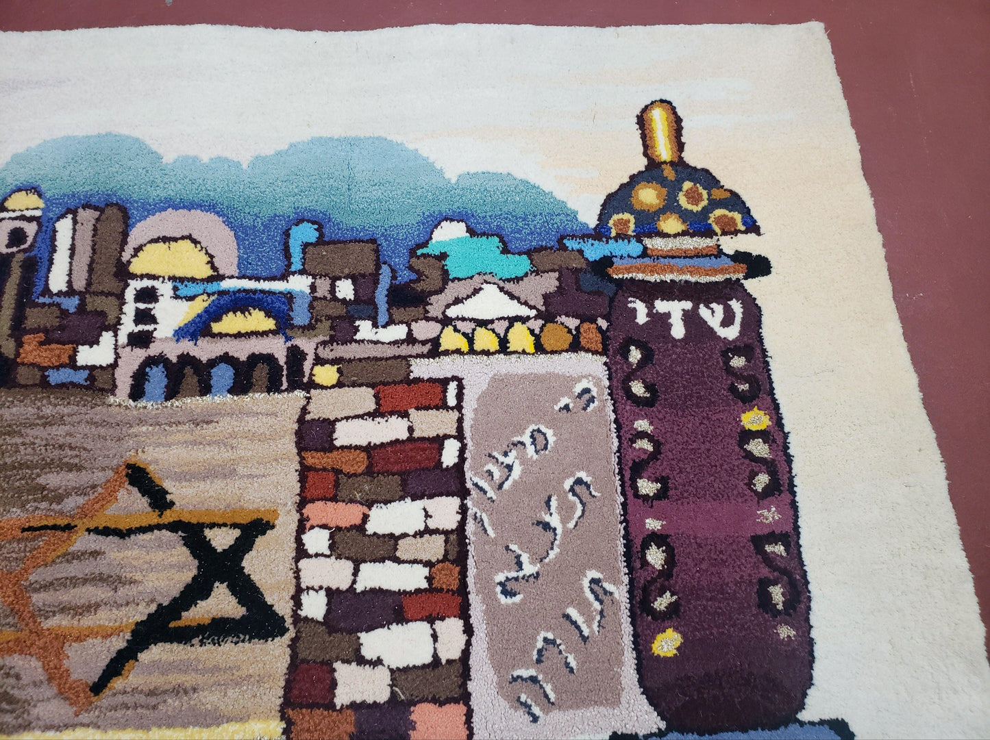 USED Vintage Judaica Pictorial Rug 3x5, Wool Hand-Tufted Israeli Signed Rug, Jerusalem Rug, Star of David Torah Scroll Verses, Chanuka Gift
