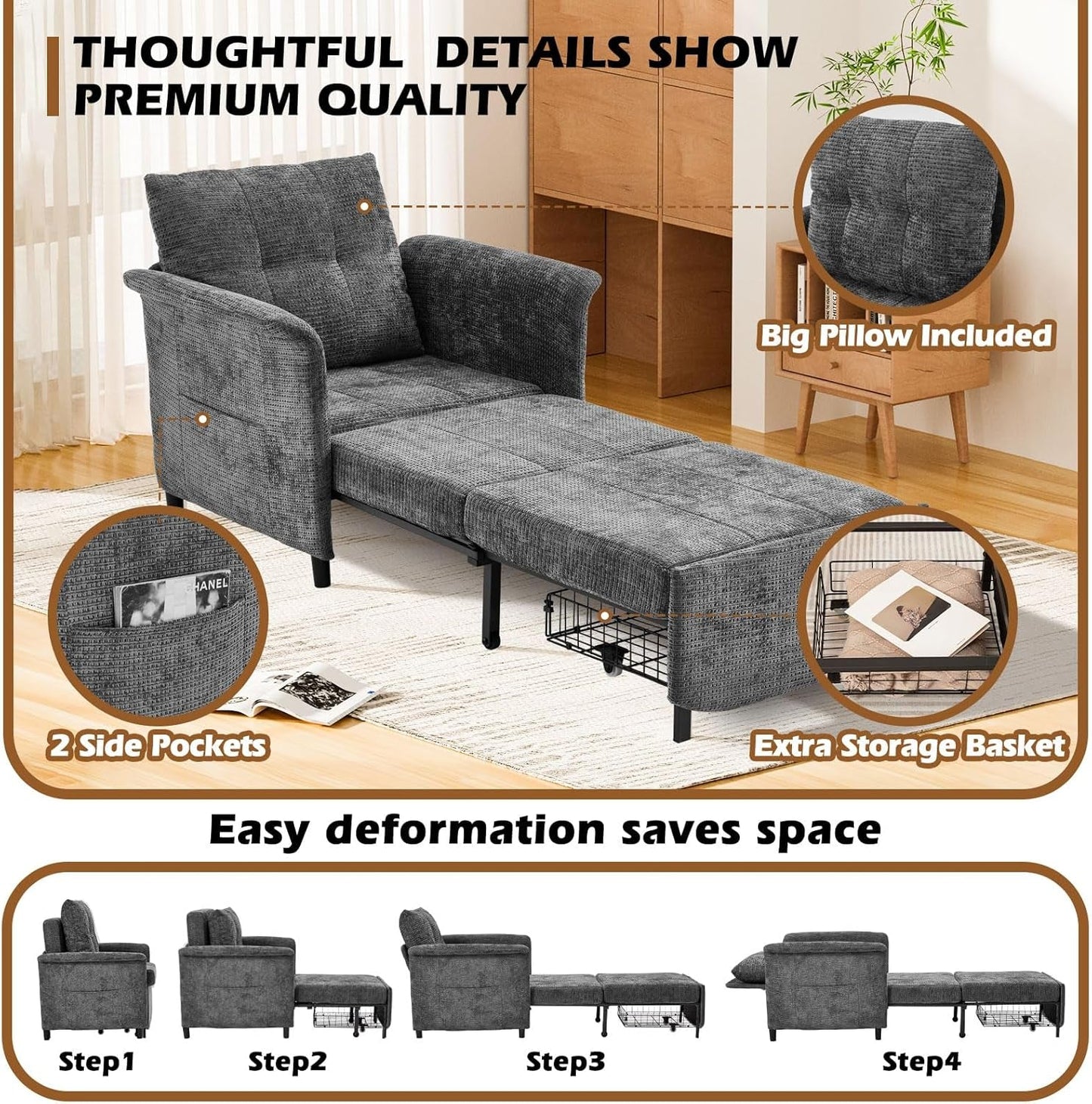 NEW Convertible Sleeper Chair 79-Inch With Adjustable Backrest