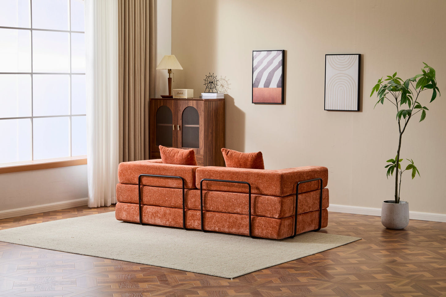 NEW Orange Chenille Fabric Comfy Futon Couch Lounge Sleeper Compression Convertible Floor Sofa Bed Couch with Pillow Back Support Armrest Bed