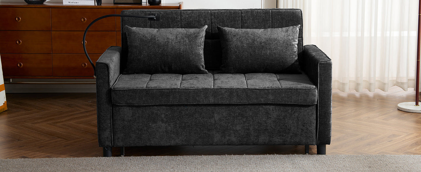 NEW Contemporary 56.9' Loveseat Sofa Bed Sleeper with Reversible Backrest, Side Pockets, USB Ports, Phone Holder, Black Chenille