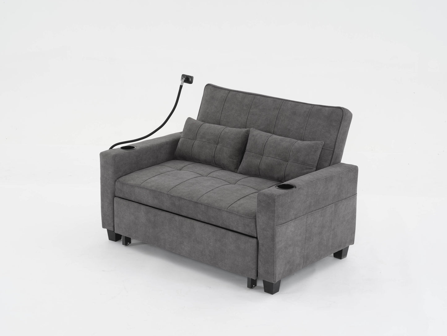 NEW Dark Grey Cloth Fabric 2 Seater Loveseat Recliner Sofa Bed with Adjustable Backrest USB and Cupholders