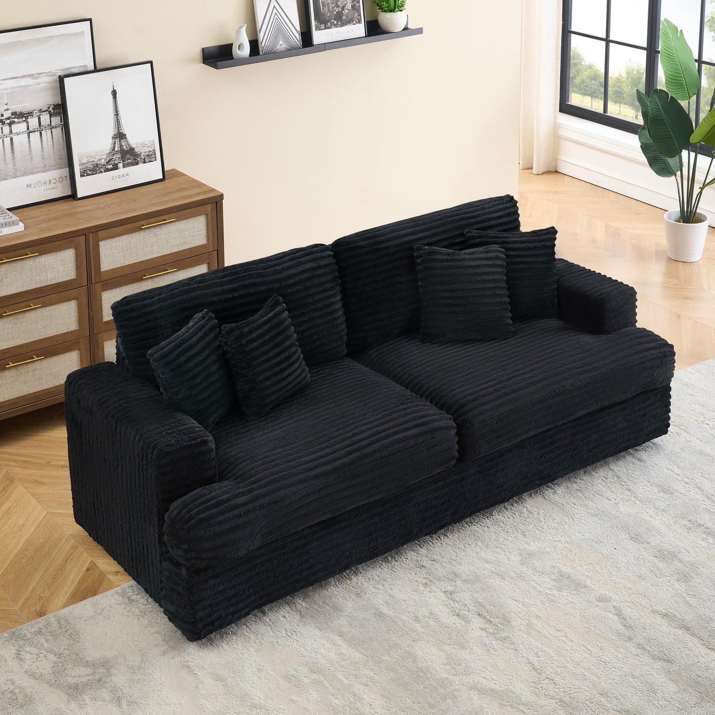 NEW 79.3 'long, corduroy sofa with 4 matching pillows, stylish design spacious and comfortable 3-seater sofa suitable for modern living room, black