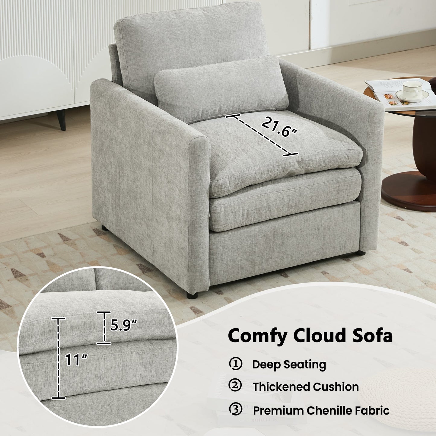 NEW Light Grey Chenille Cozy Upholstered Oversized Comfy Cloud Double Cushion Single Armchair Sofa