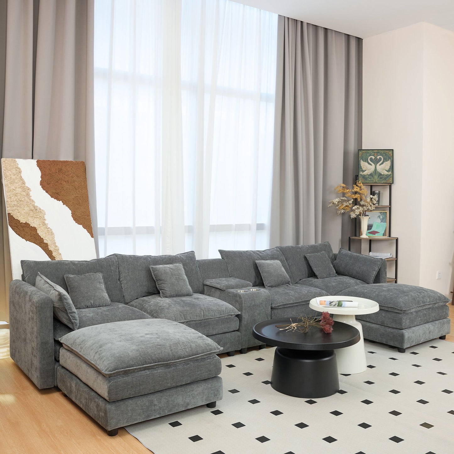 U Shaped Sectional Cloud Couch for Living Room,144' Comfy Fluffy Modular Sofa with Movable Ottoman Modern Chenille 6 Seat Sectional Sofa Set with Console, Cup Holders, Grey