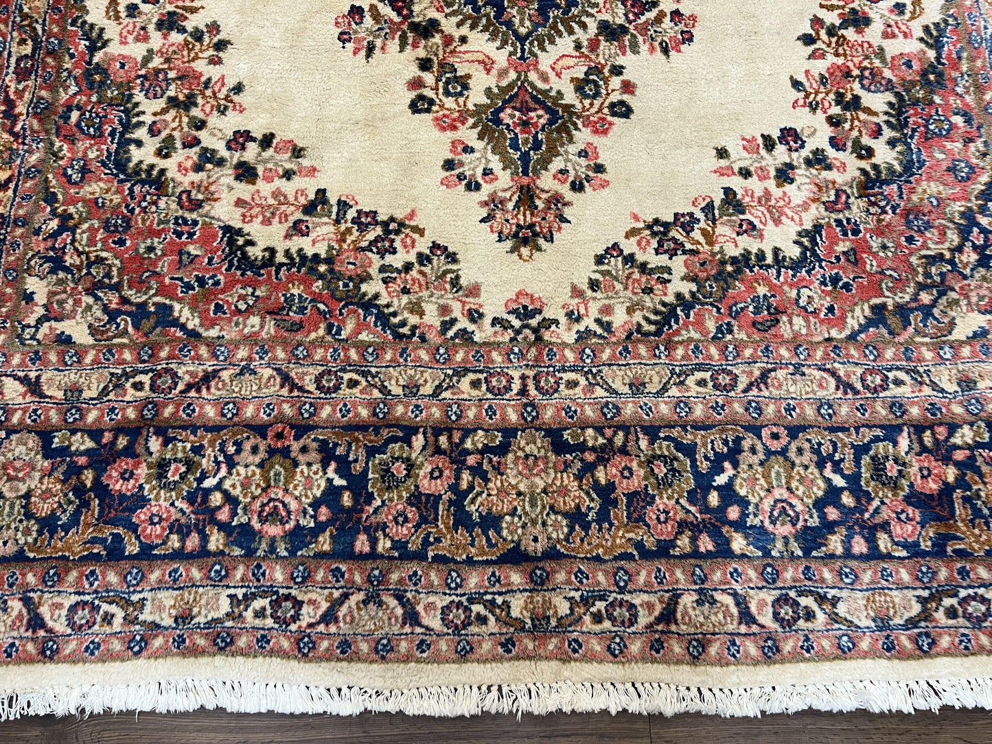 USED Persian Rug 9x10, Hamadan Rug, Antique Oriental Carpet, Wool Rug, Semi Open Field, Cream and Navy Blue, Kirman Design Hand Knotted Almost Square Rug