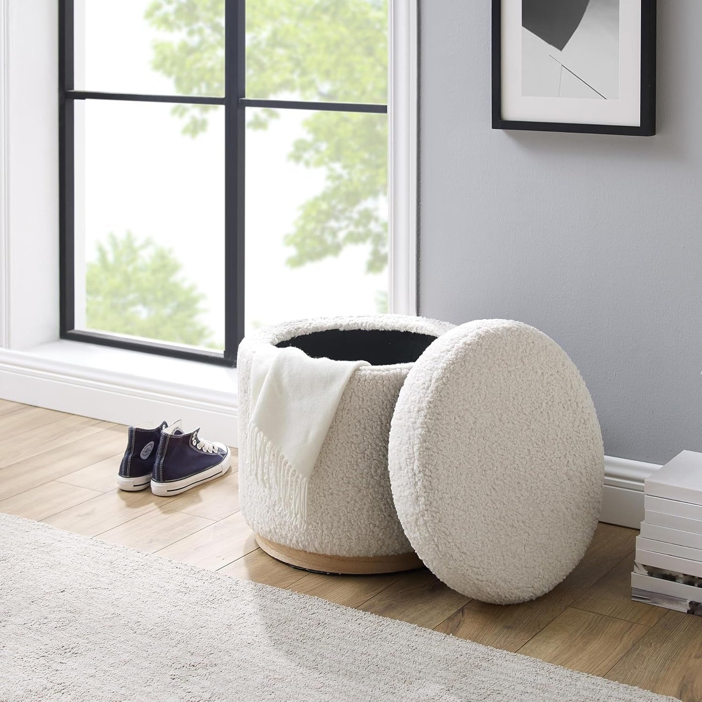 NEW Cream Sherpa Deluxe Storage Ottoman Solidwood Base