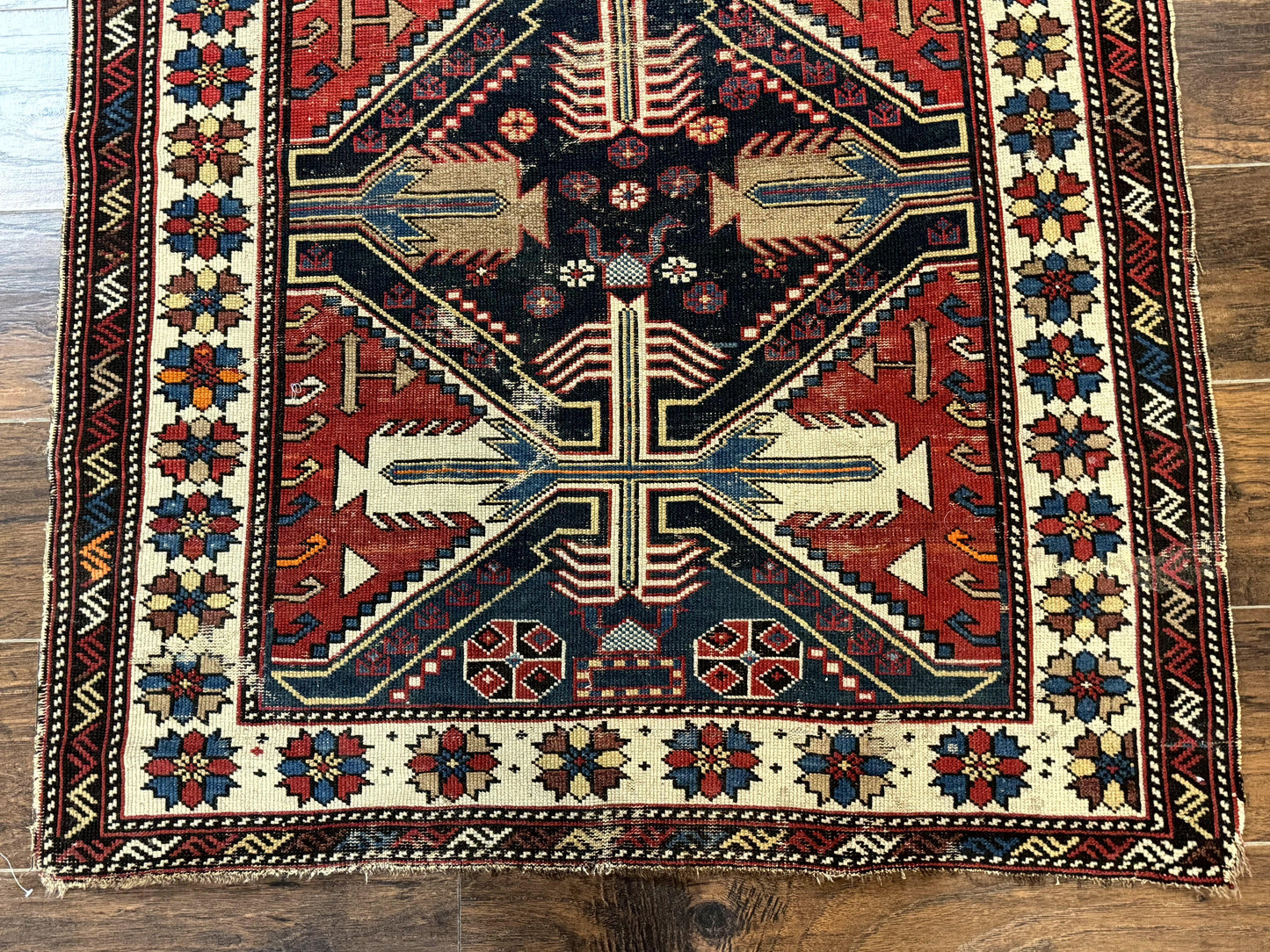 USED Antique Shirvan Caucasian Rug 3x5, Geometric Pattern, Red Navy Blue Beige