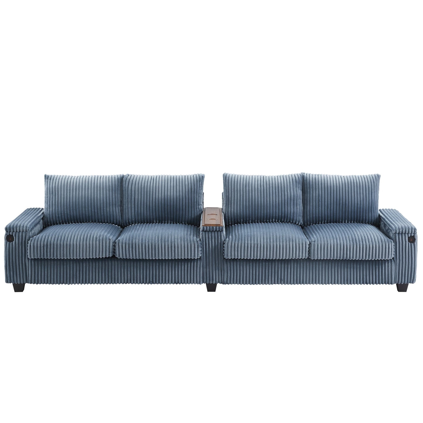 NEW Modern 4-Seater Corduroy Sofa Couch with USB Ports, Hidden Storage, Flip-Top Cup Holders, Blue, 133'