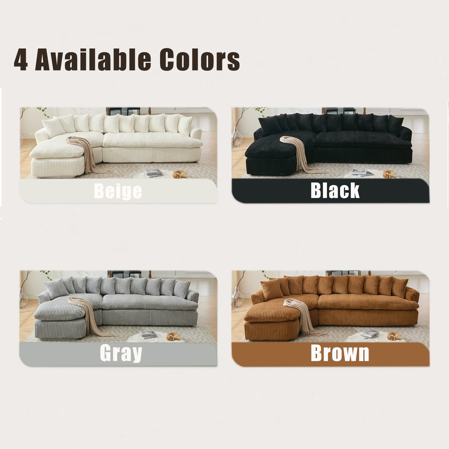 NEW 127''  Large Sectional Sofa ,Elegant Curved Design ,High-Resilience Foam ,Ten Back Cushions,L-Shape Left Sofa,No Assembly  Required , (Black-Soft Corduroy Fabric)