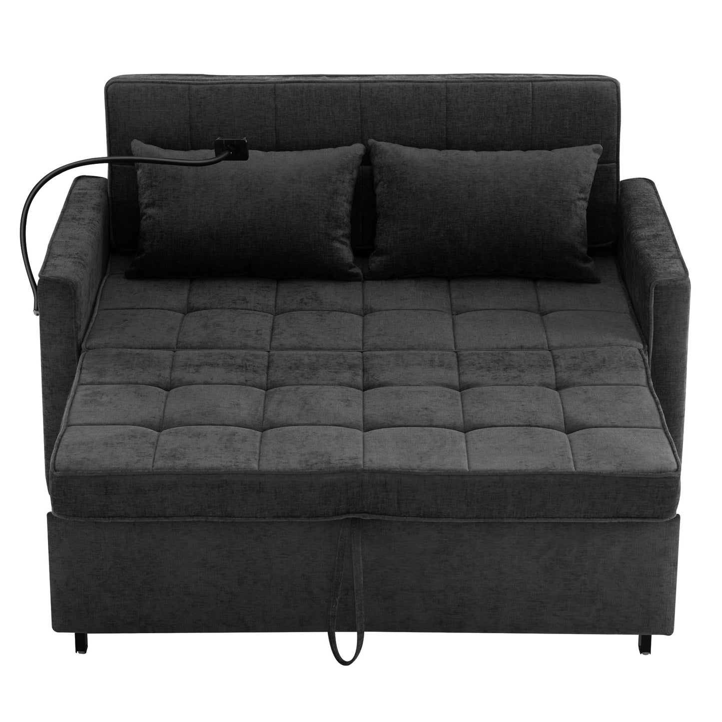NEW Contemporary 56.9' Loveseat Sofa Bed Sleeper with Reversible Backrest, Side Pockets, USB Ports, Phone Holder, Black Chenille