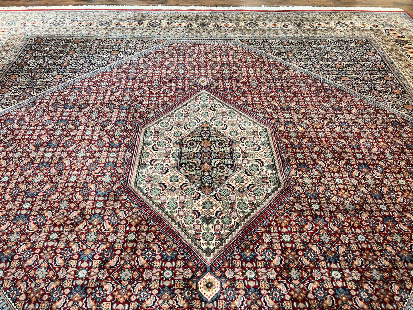 USED Square Indo Persian Bidjar Rug 10x10, Red, Handmade Vintage Wool Carpet