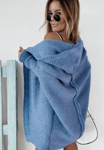 New Ins Knitted Hooded Cardigan Fashion Loose Solid Color Batwing Sleeve Sweater Autumn And Winter Women's Clothing