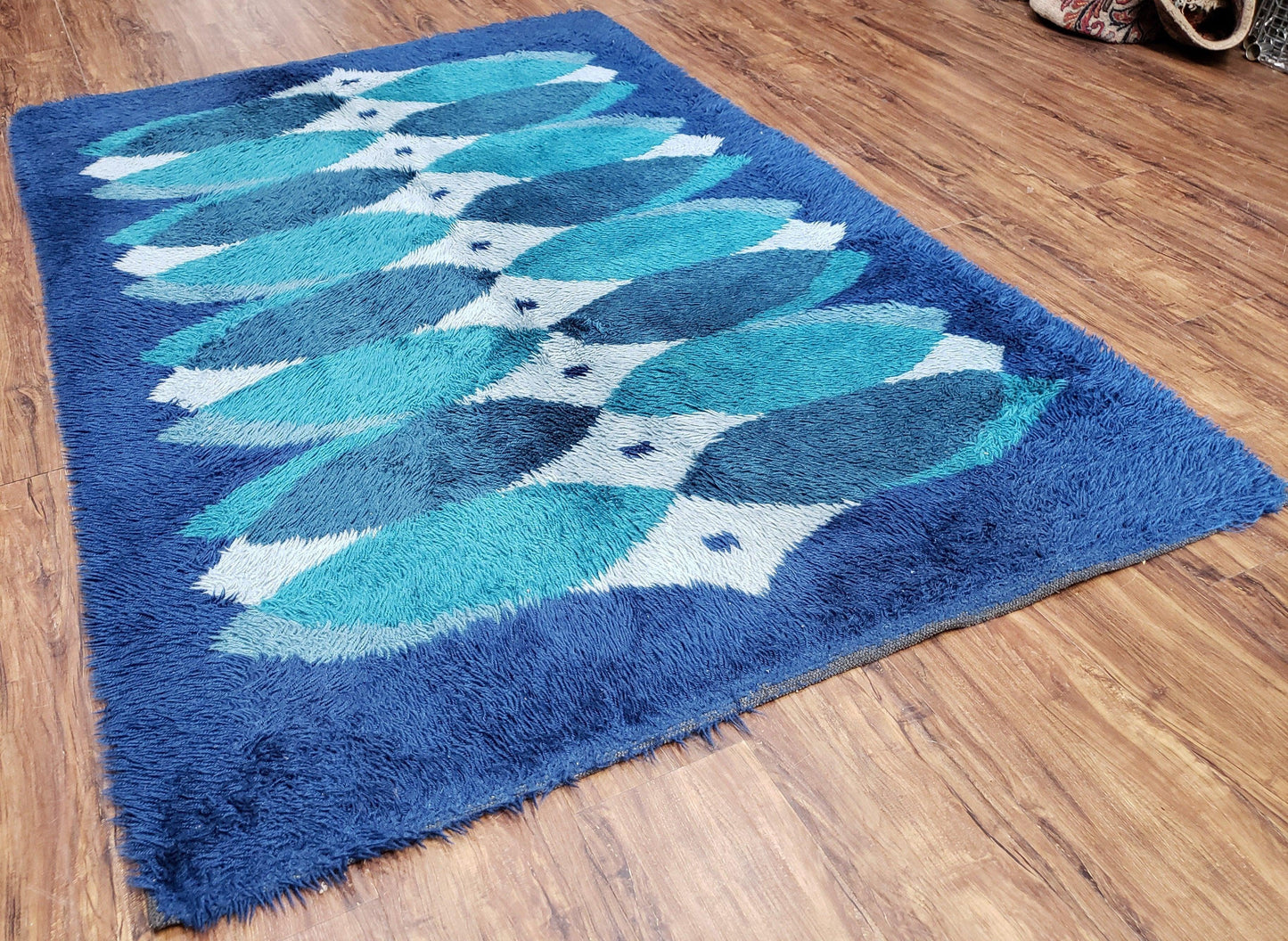 USED Blue Rya Rug, 1960s Mid-Century Modern Danish Shag Rug 4'6" x 6'7", Ege Rya, Abstract
