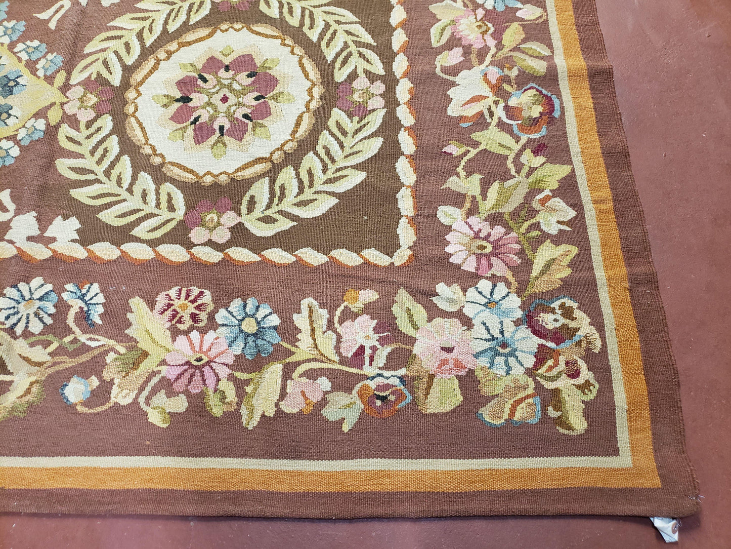 USED Aubusson Rug 6 x 9 Flat Weave Area Carpet European Design Flowers New Brown Rug Handmade Wool Hand-Knotted Aubusson Weave Medium Rug 6x9
