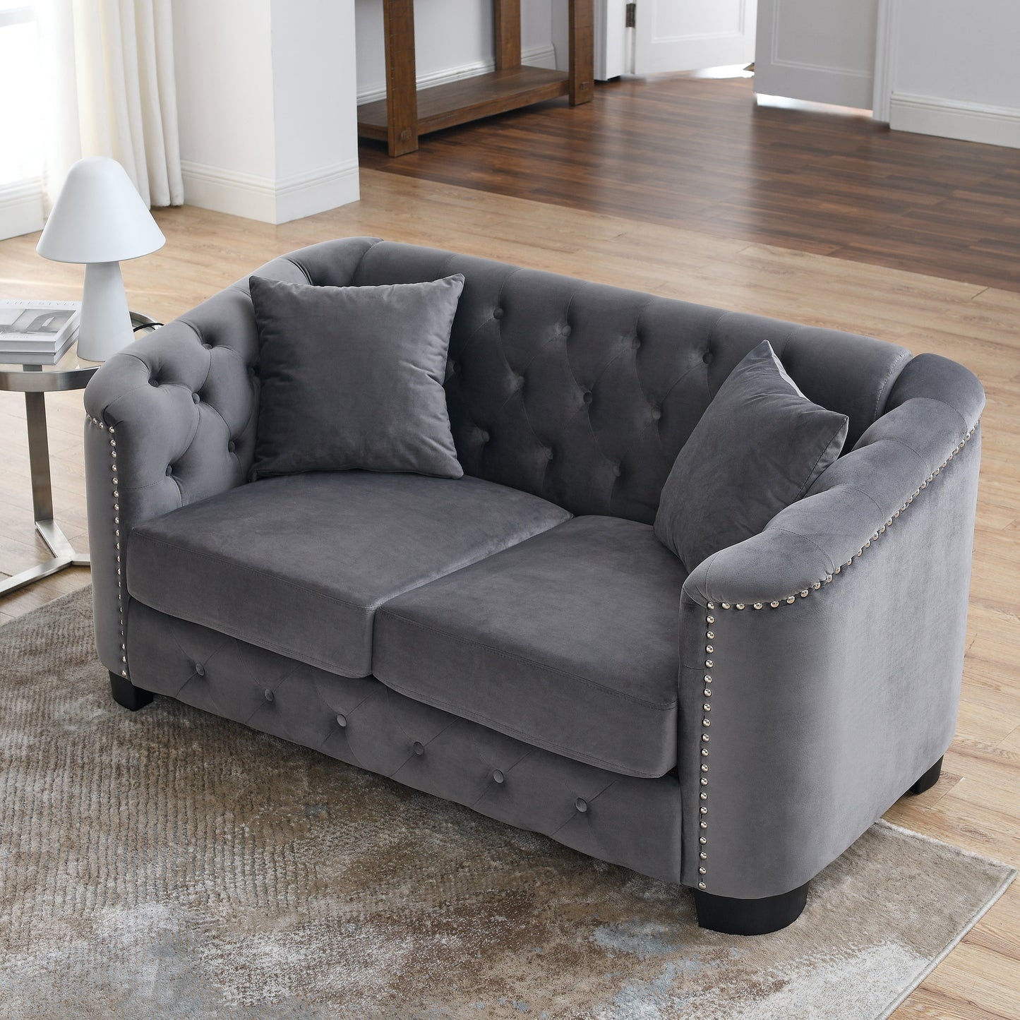 NEW Grey 59-Inch Modern Chesterfield Velvet Sofa 2-Seater Couch Upholstered Tufted Backrests with Nailhead Arms and 2 Cushions