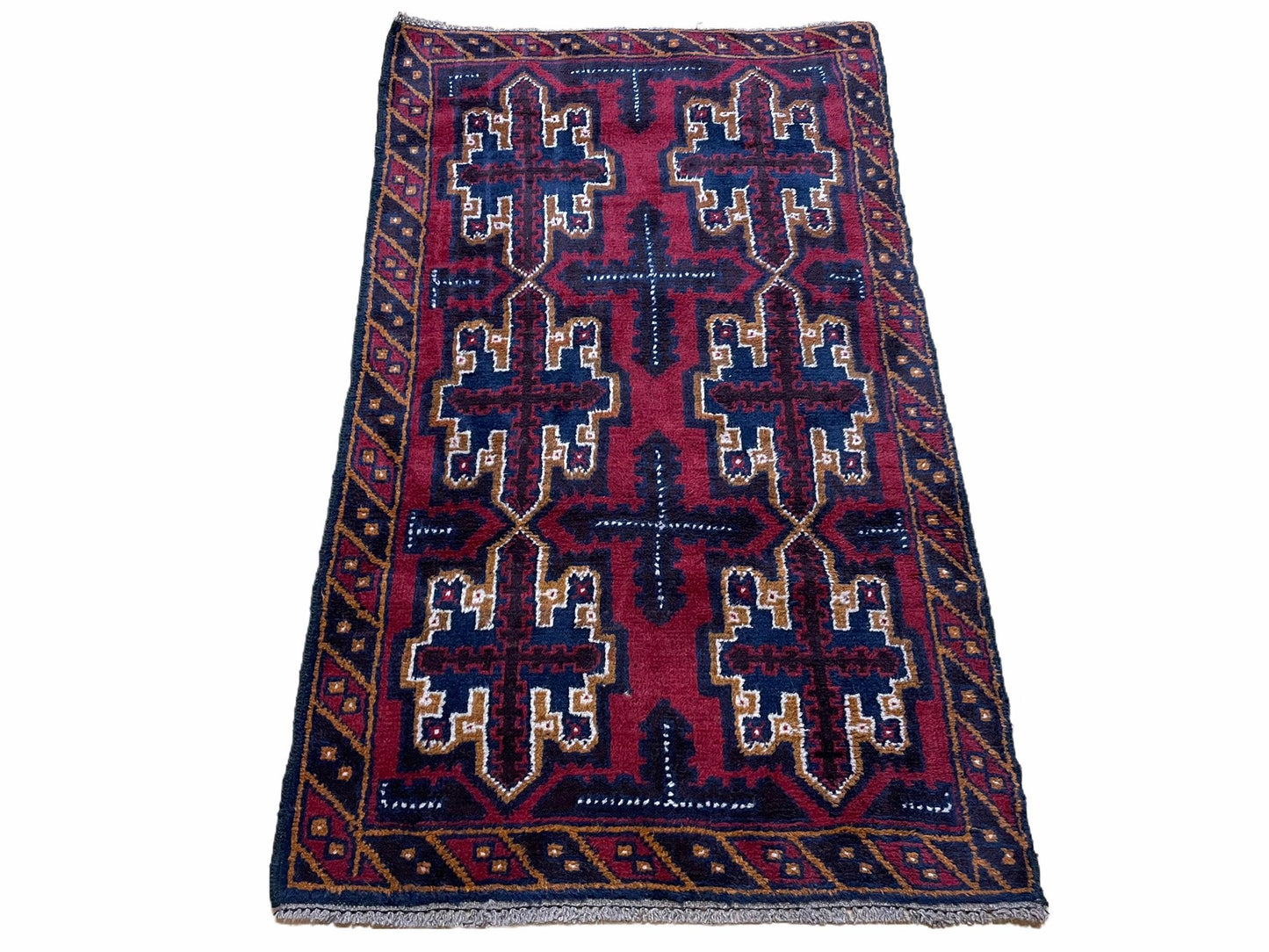 USED 2' 7" X 4' 6" Vintage Handmade Tribal Wool Rug Balouchi Rug Afghan Rug Red Blue