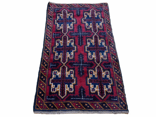 USED 2' 7" X 4' 6" Vintage Handmade Tribal Wool Rug Balouchi Rug Afghan Rug Red Blue