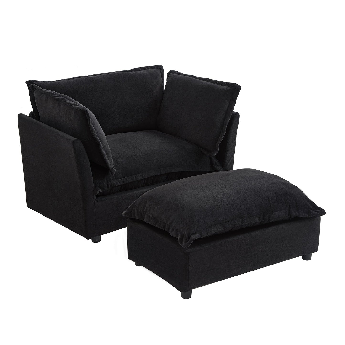 NEW Modern Armchair Sofa 47' Cozy Upholstered Sofa Chair with Movable Ottoman, Black Chenille, Wide Seat & Curved Armrests