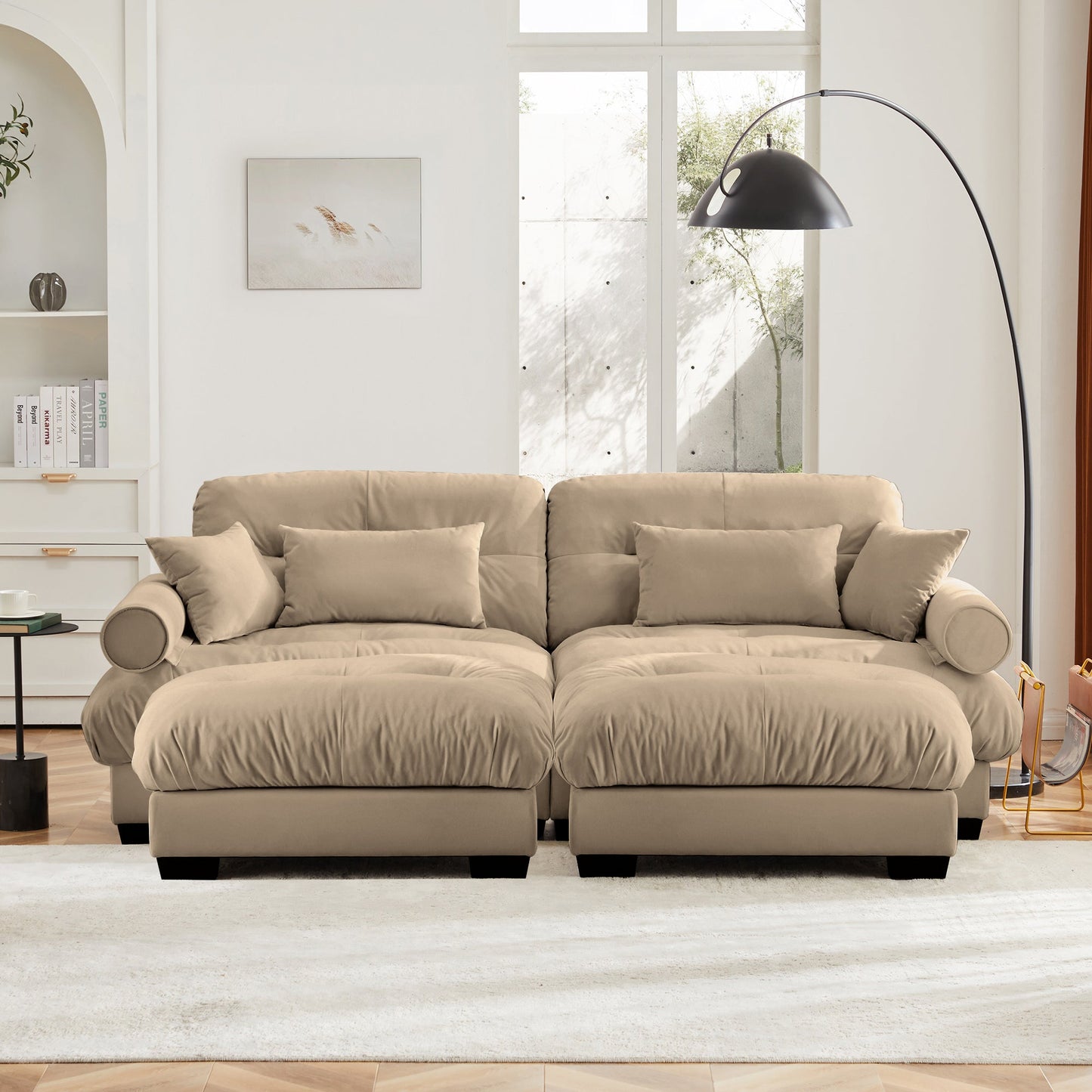 NEW Modern Camel Velvet Two-Seater Sofa with Ottoman