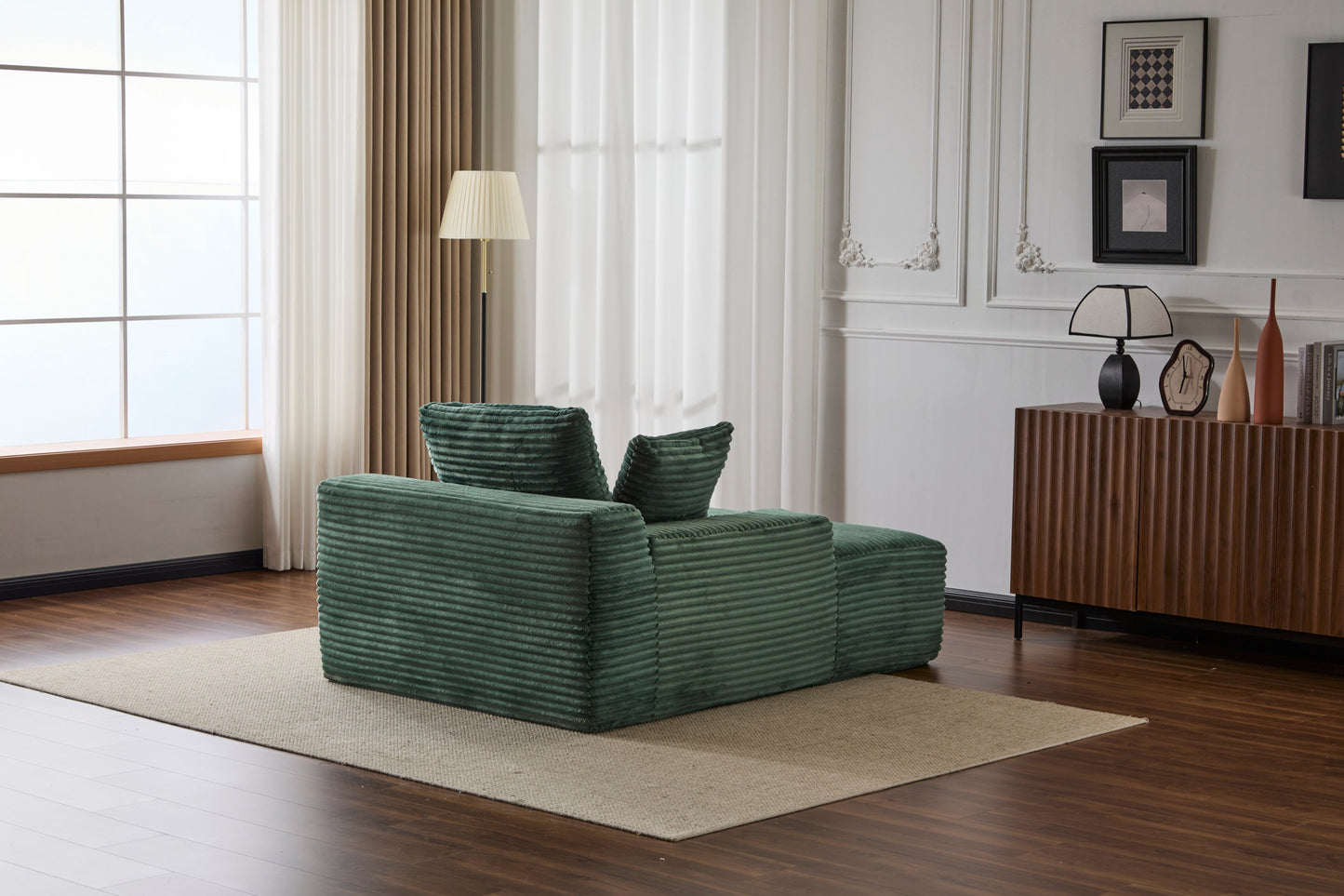 NEW Oversized Chaise Lounge Chair Cozy Cloud Couch Modern Plush Green Corduroy Upholstered Sleeper Sofa Daybed with 3 Throw Pillows and Wide Armrest