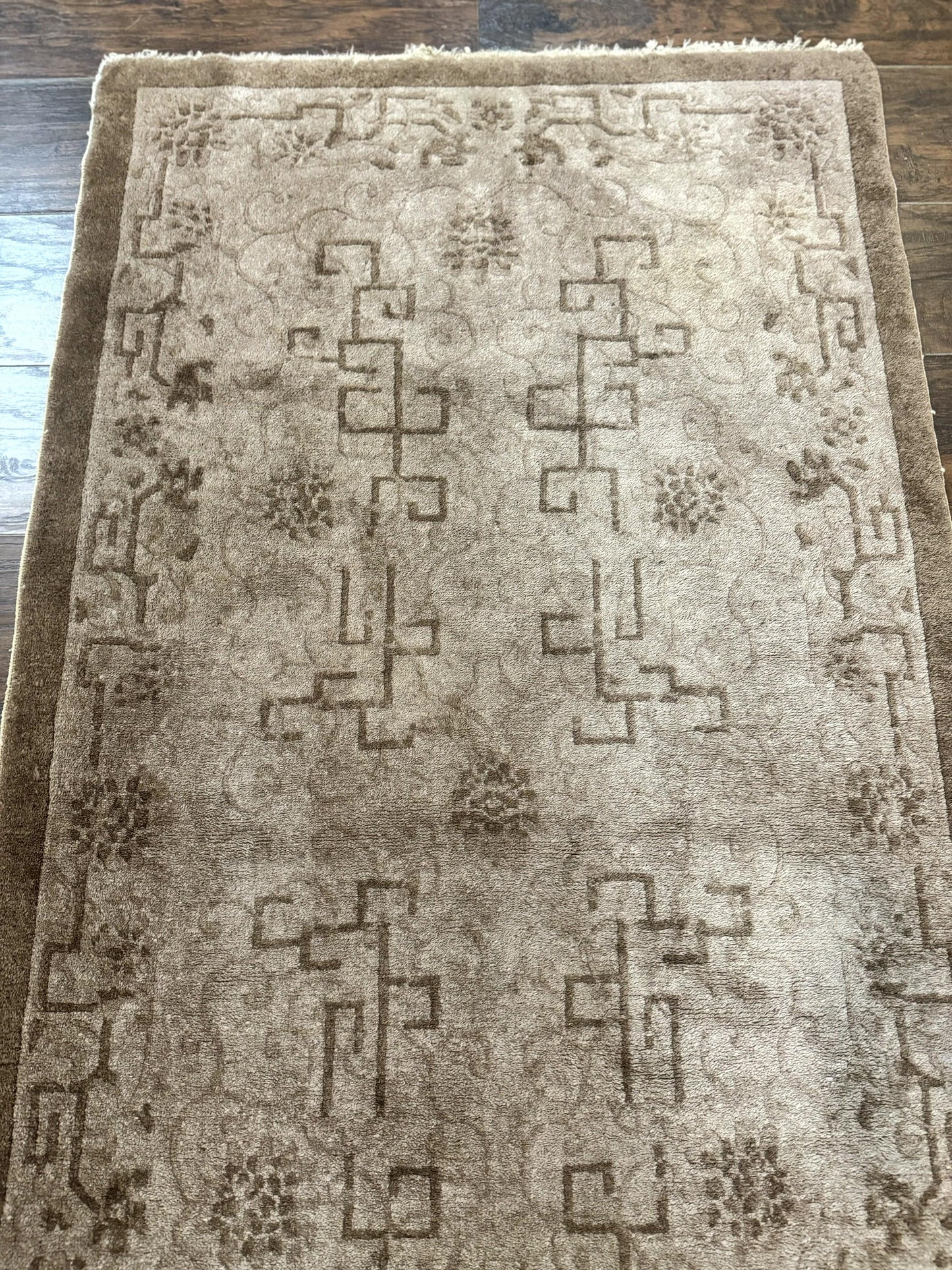 USED Antique Chinese Fette Rug 3x6, Taupe, Handmade Wool Chinese Carpet