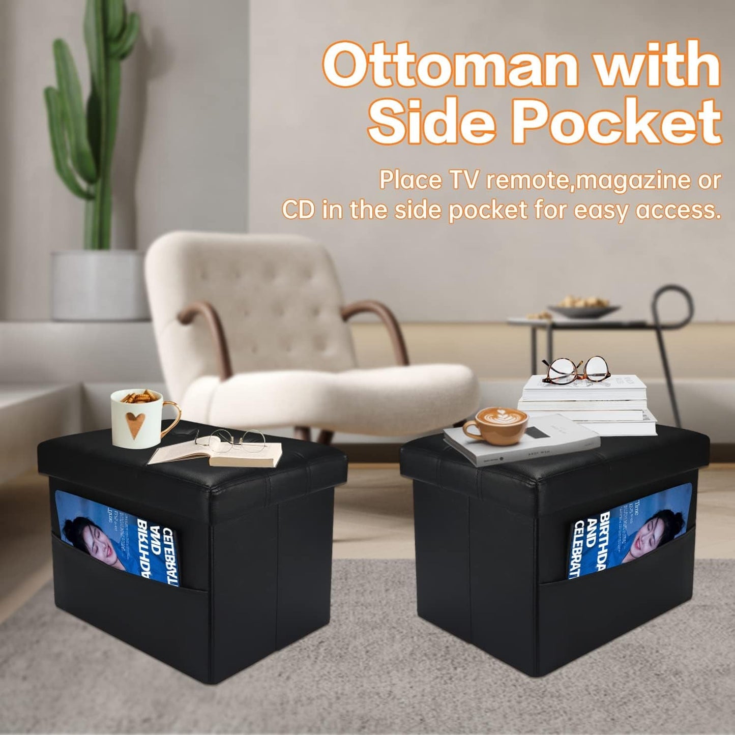 NEW Black Folding Storage Ottoman With Side Pocket
