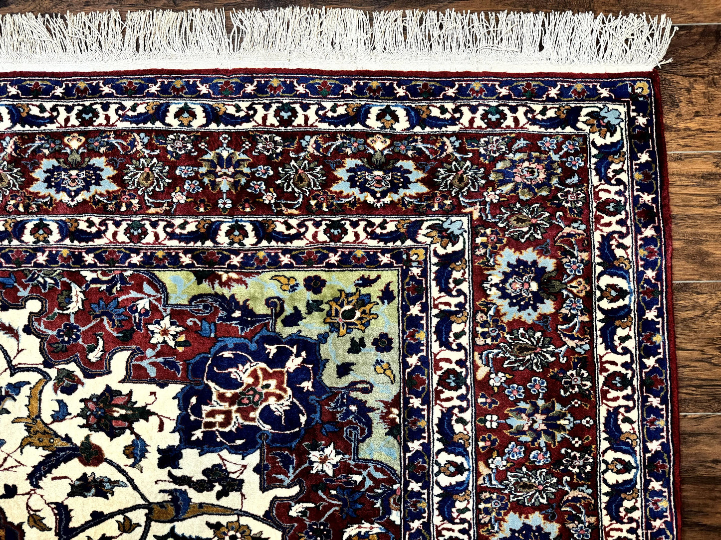 USED Wonderful Persian Isfahan Rug 7x9, Ivory Navy Blue Red, Floral Medallion, Very Finely Hand Knotted 260 KPSI, Handmade Wool Vintage Rug
