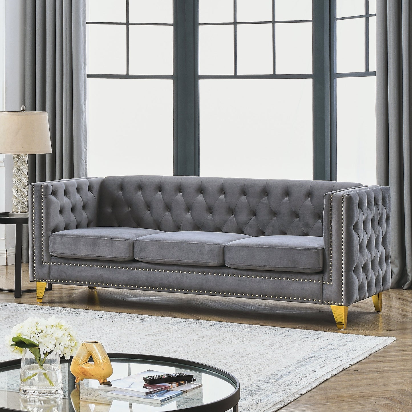 NEW Gray Velvet Buttons Tufted Square Arm Modern Couch Upholstered Sofa
