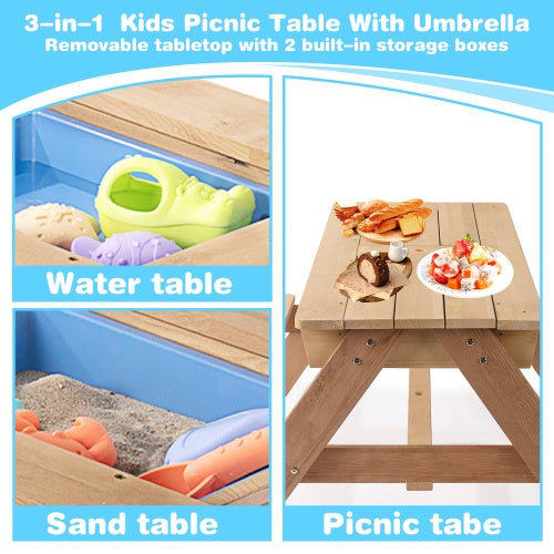 NEW 3-in-1 Kids Outdoor Cedar Wooden Picnic Table With Umbrella Convertible Sand Box And Water Kettle