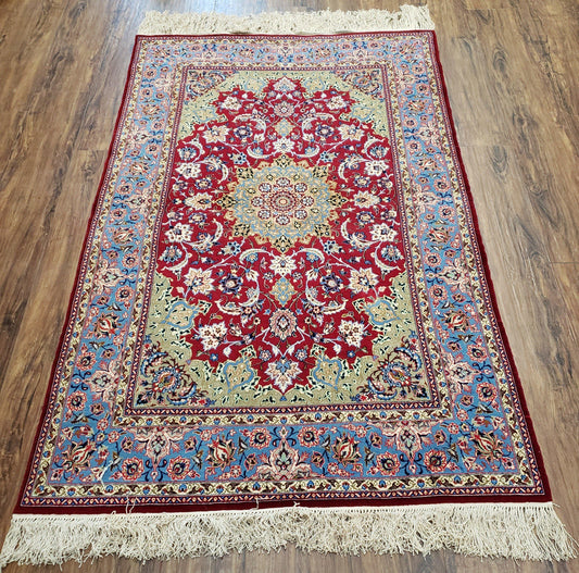 USED Semi Antique Persian Isfahan Rug, Kork Wool on Silk Foundation, Red & Blue, Top Quality, 3'6" x 5' 6"