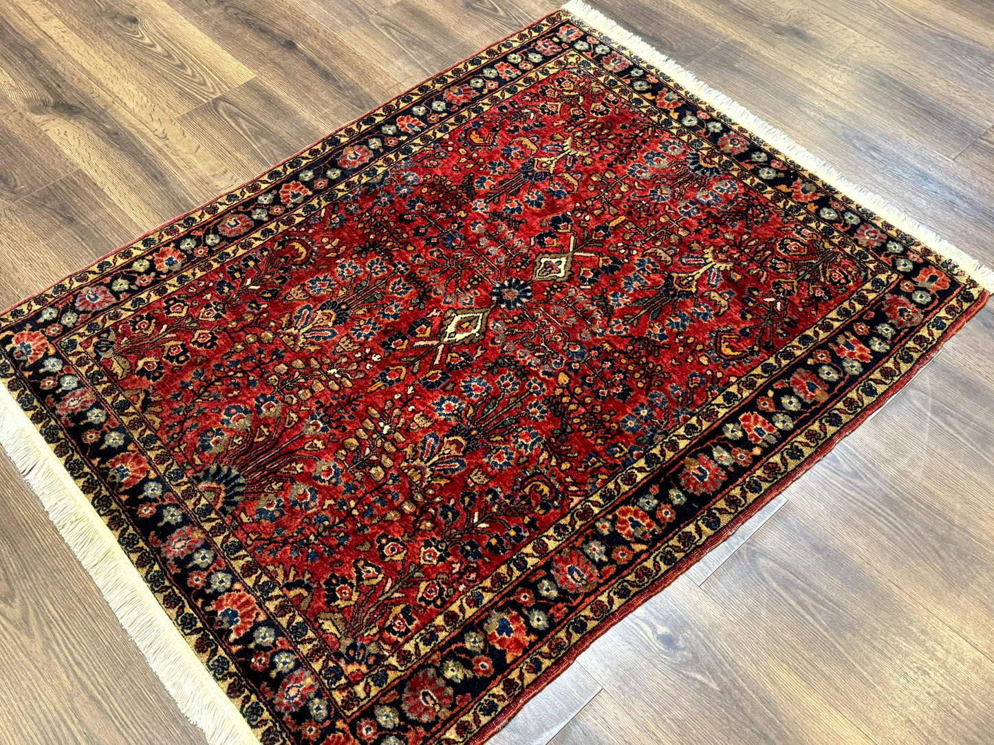 USED Antique Persian Sarouk Rug 3x4, Red, Floral, 1920s Wool Rug
