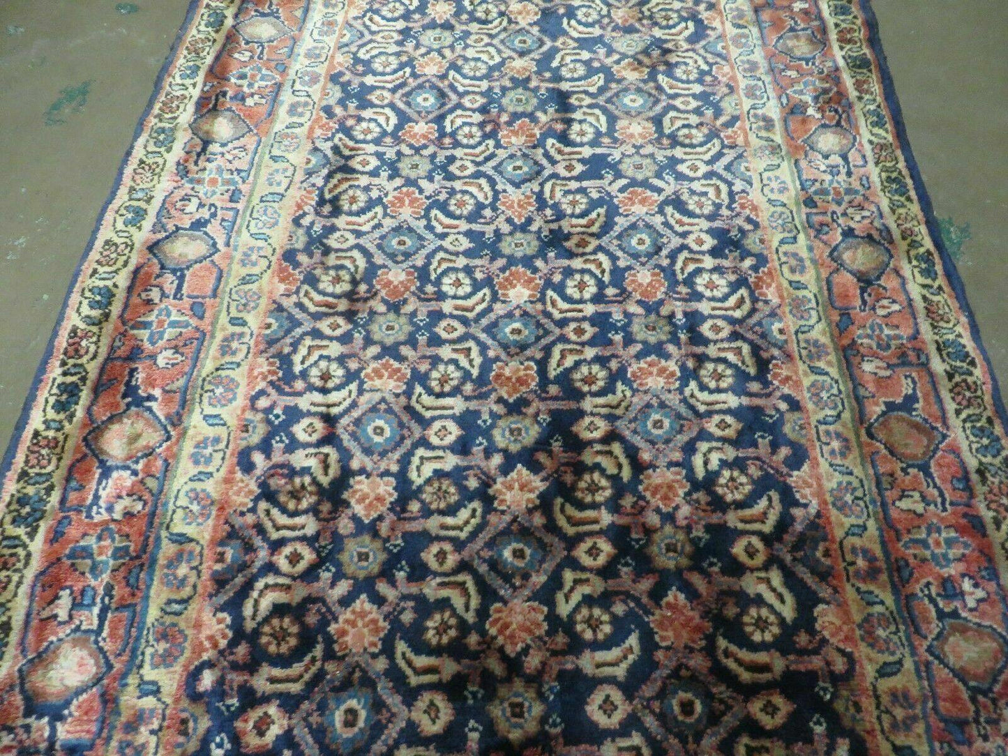 USED 3'7" X 10' Antique Handmade India Floral Oriental Wool Runner Rug Organic Blue