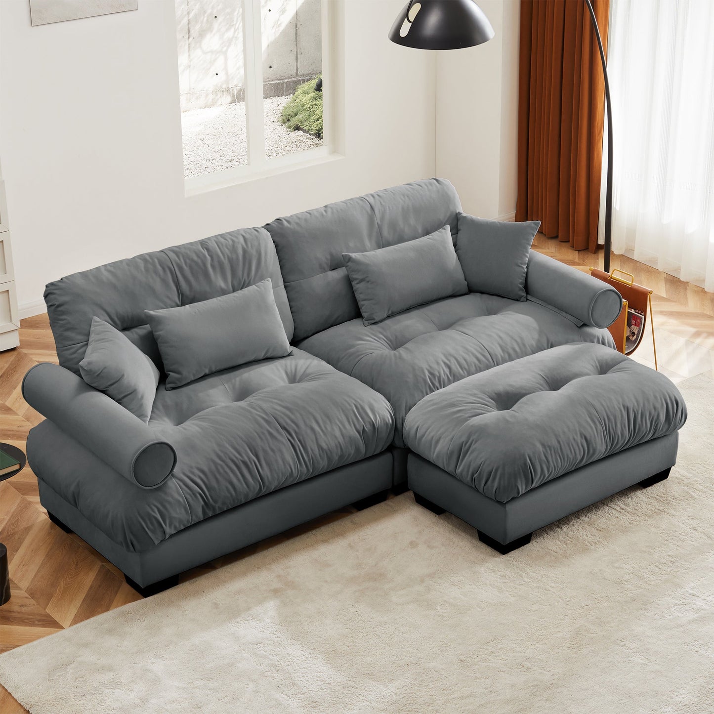 NEW Modern Grey Velvet Two-Seater Sofa with Ottoman and Round Bolster Armrests L Shape