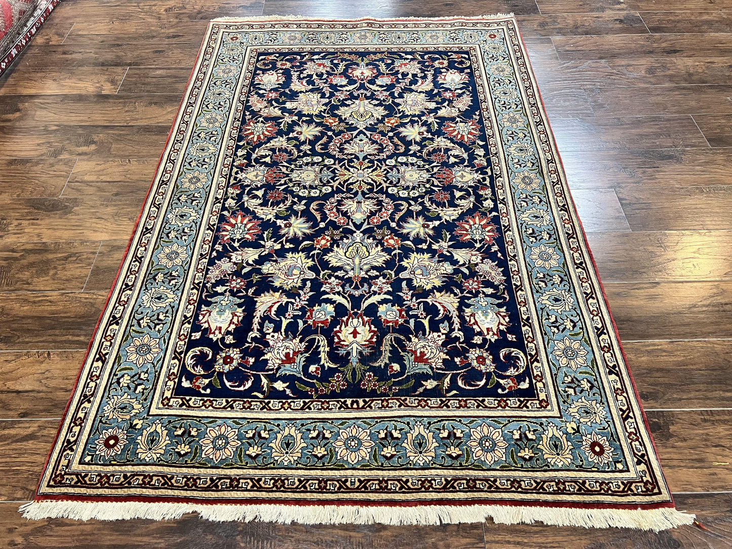 USED Blue Persian Qum Rug 5x7, Very Fine and Wonderful Authentic Persian Carpet, Wool Hand Knotted Vintage Semi Antique Oriental Rug, Floral, Ghom Qom Rug