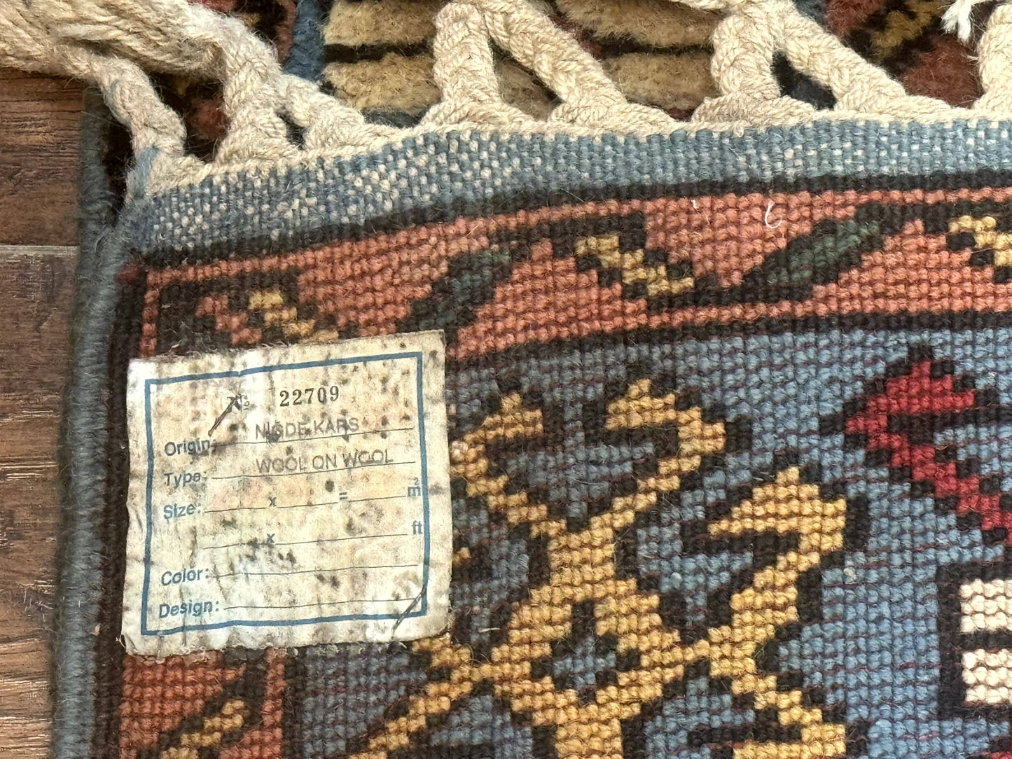 USED Turkish Kazak Runner Rug 3x11, Cream and Light Blue, Vintage