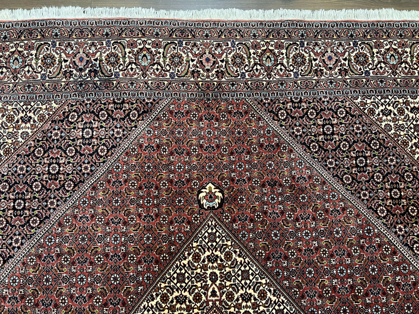 USED Wonderful Persian Bidjar Rug 7x8 ft, Almost Square Oriental Carpet, Herati Mahi, Highly Detailed, Ivory Red Navy Blue, Very Fine Handmade Bijar Rug