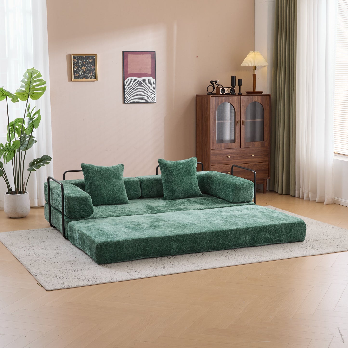 NEW Dark Green Chenille Fabric Floor Compression Convertible Sofa Bed