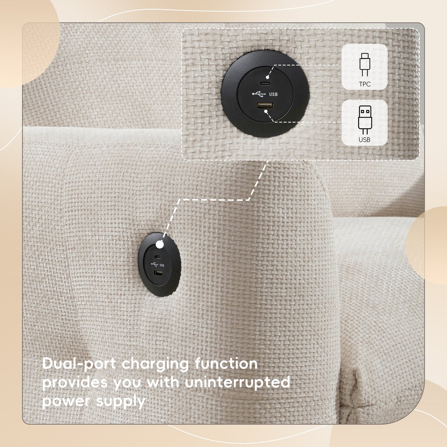 NEW 42*33' Single Sofa, Armchair with Wide Seat, Dual-port Charger, Pull-line & Tufted Design, High-density Foam, Suitable for Living Room & Apartment, Chenille, 2 Colors