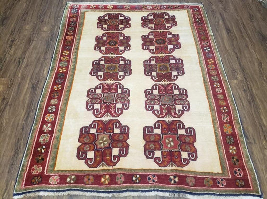 USED Vintage Persian Gabbeh Rug, Dark Red & Cream, Hand-Knotted, 5' x 6' 4"