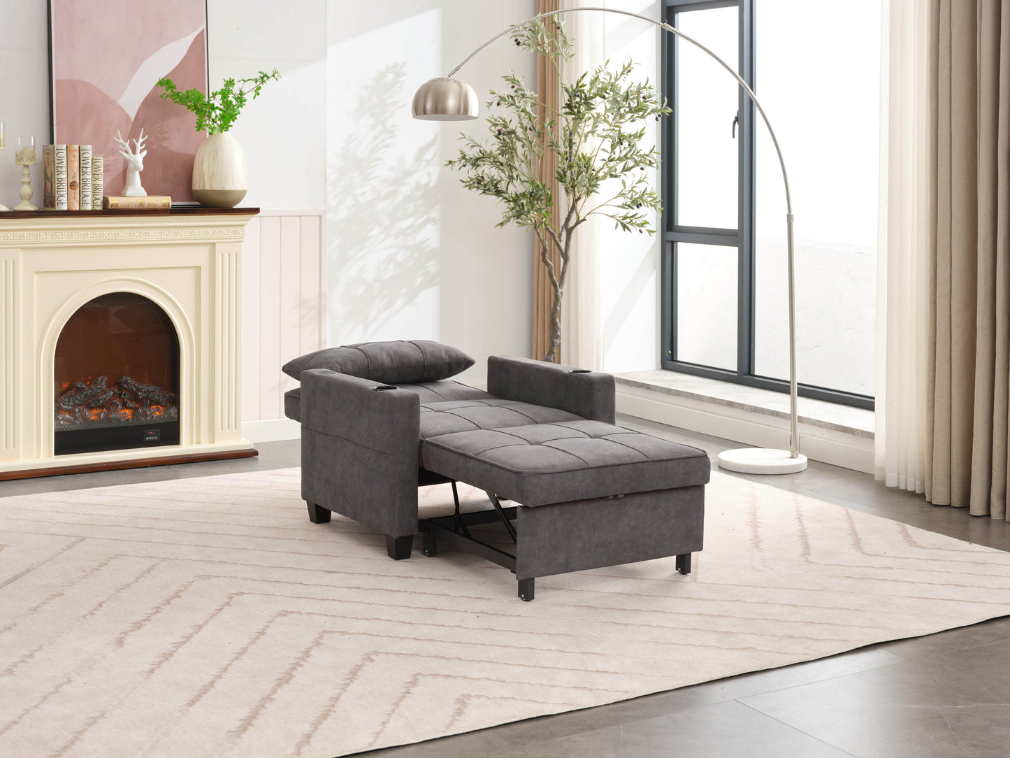 NEW Dark Grey Futon Bed Convertible Chair 3-in-1 Pull Out Sleeper Sofa with USB Ports