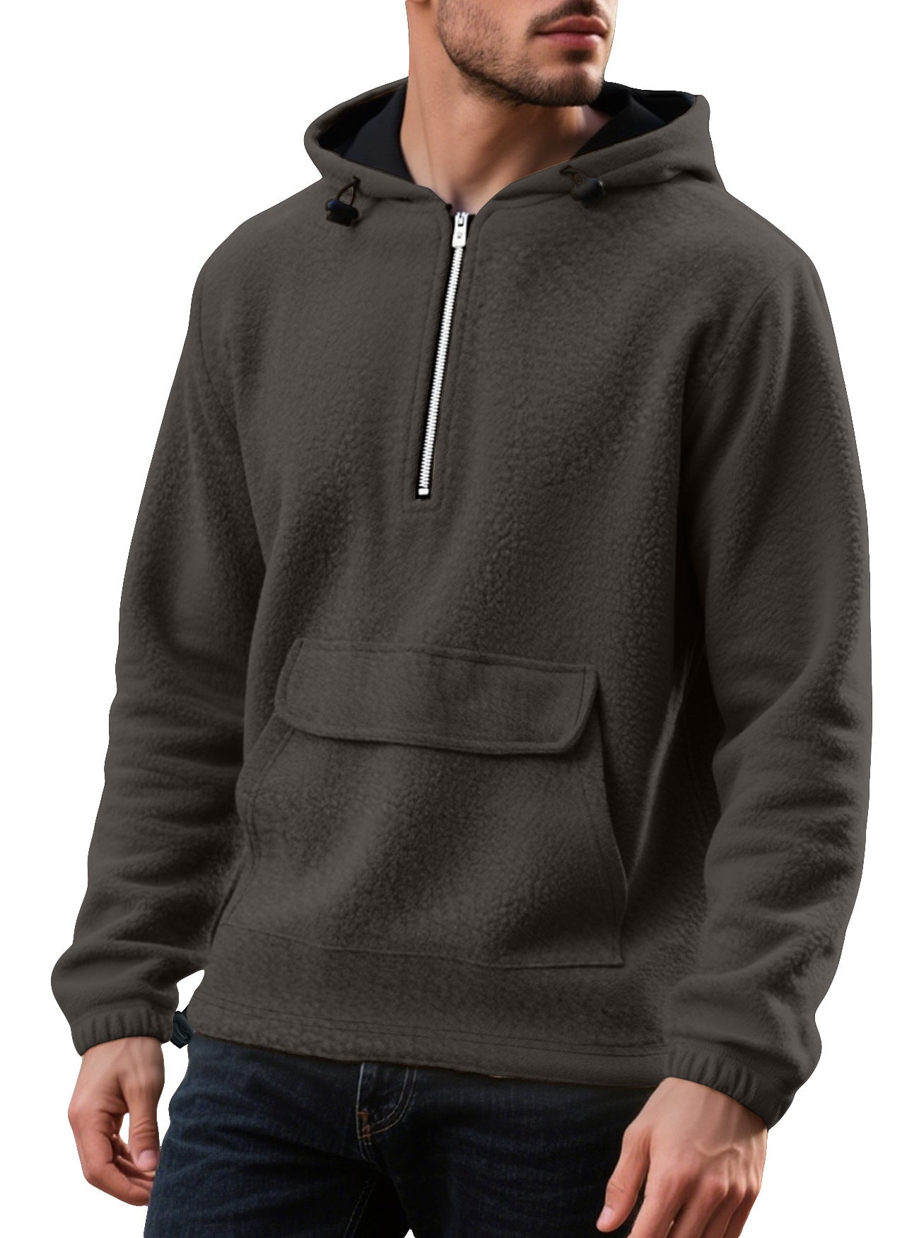 New Padded Fleece Sweater Solid Color Half Zip Hooded Work Clothes Pullover