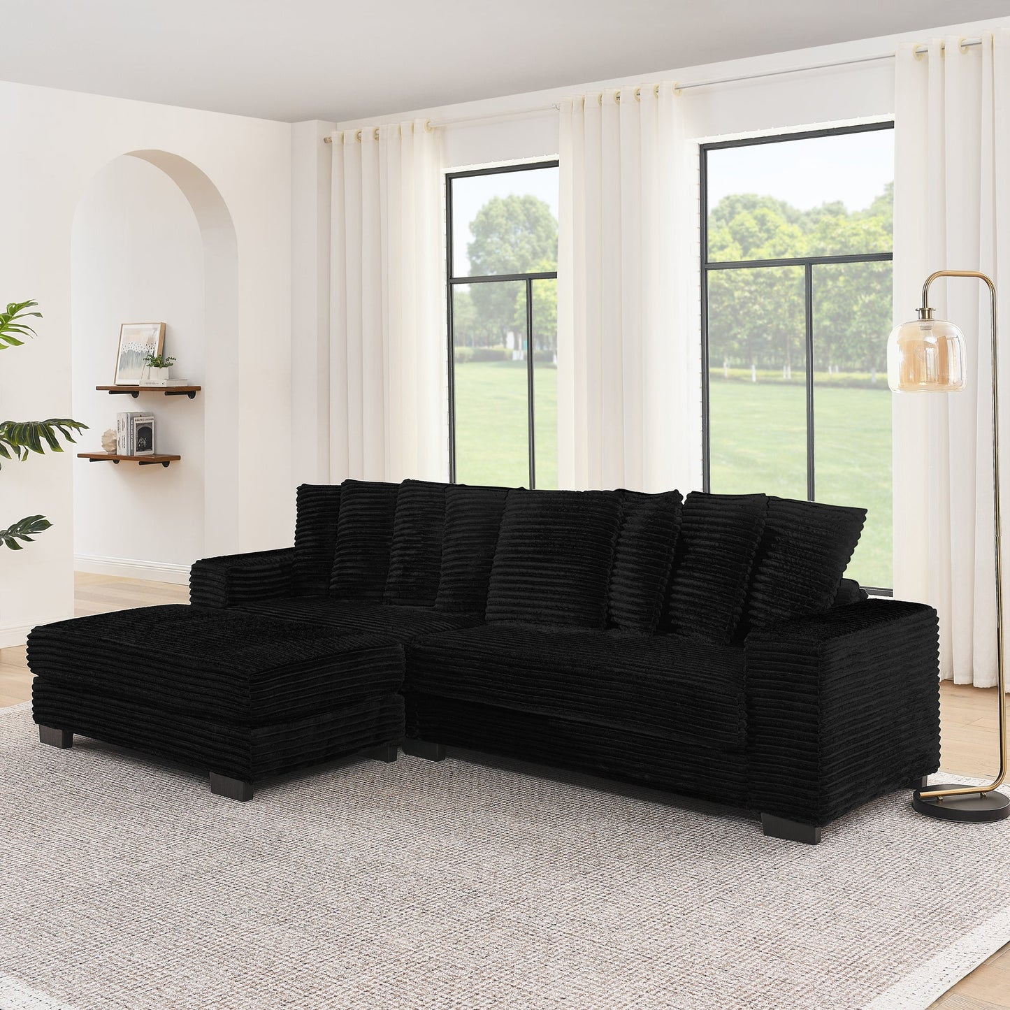 NEW Black Corduroy Tufted Upholstered L-Shaped Modular Convertible Sleeper Sectional Sofa Couch