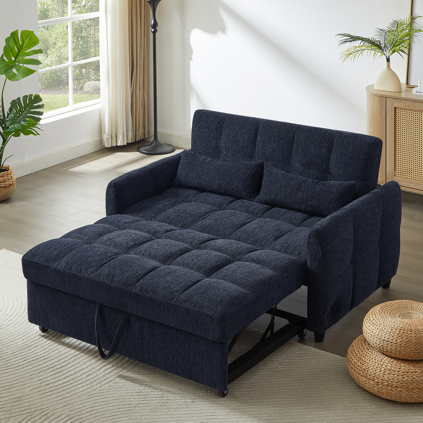 NEW Modern Loveseat Sofa Pull-out Bed with Adjustable Backrest, USB Ports, Lumbar Pillows, Blue Chenille, 52.8'
