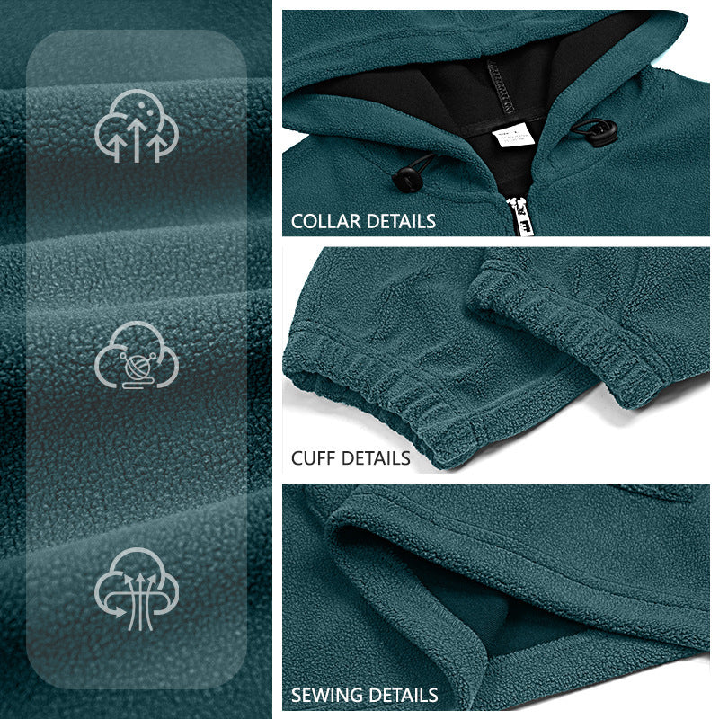 New Padded Fleece Sweater Solid Color Half Zip Hooded Work Clothes Pullover