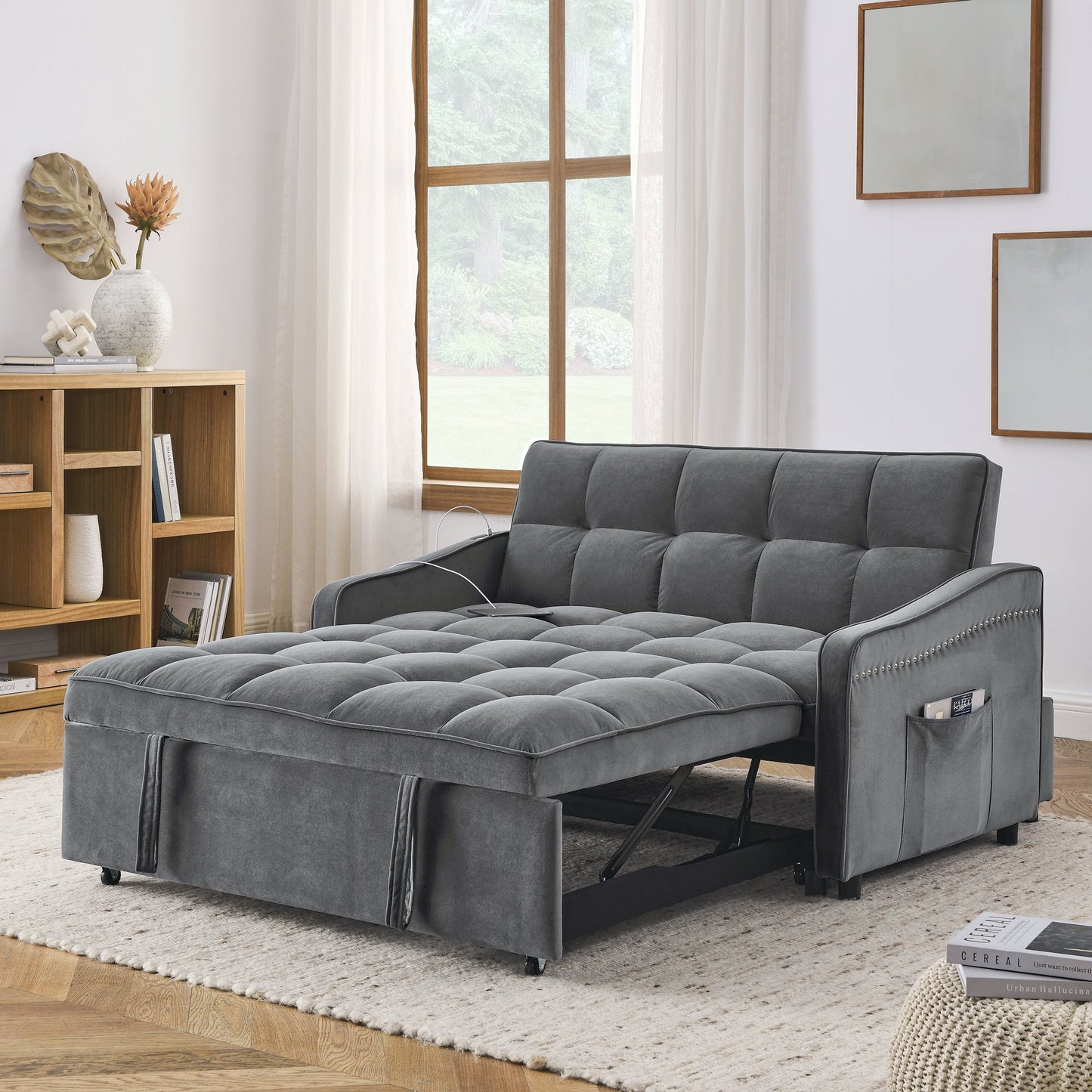 NEW Grey Copper Nail Loveseat Sofa Bed with Pull-out Bed Adjustable Back and Two Arm Pocket TypeC USB Charging