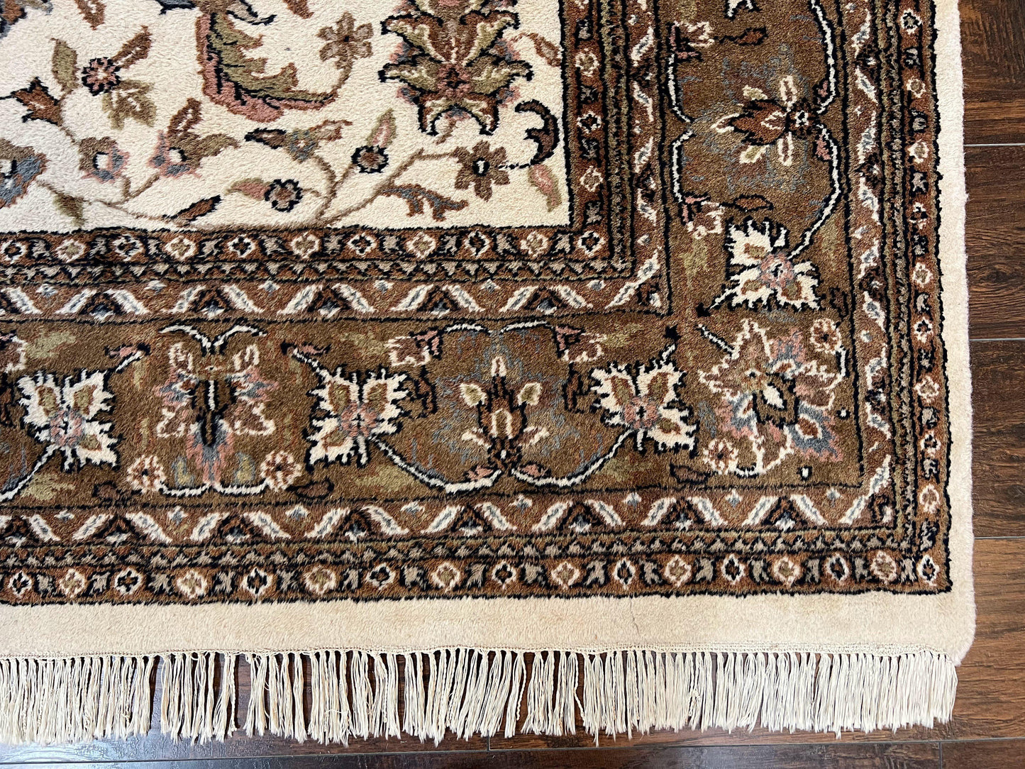 USED Indo Kirman Rug 8x12 Allover Floral Design, Ivory/Cream Brown, Vintage Handmade Hand Knotted Rug, Traditional Wool Persian Carpet 8 x 12