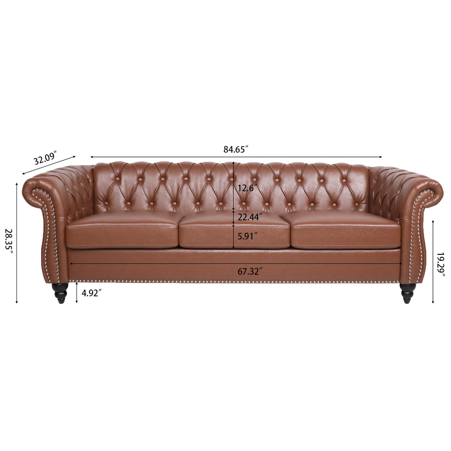 NEW Classic Chesterfield Three Seater Sofa Brown PU Leather with Rolled Arms and Birch Legs 84.65 Inches