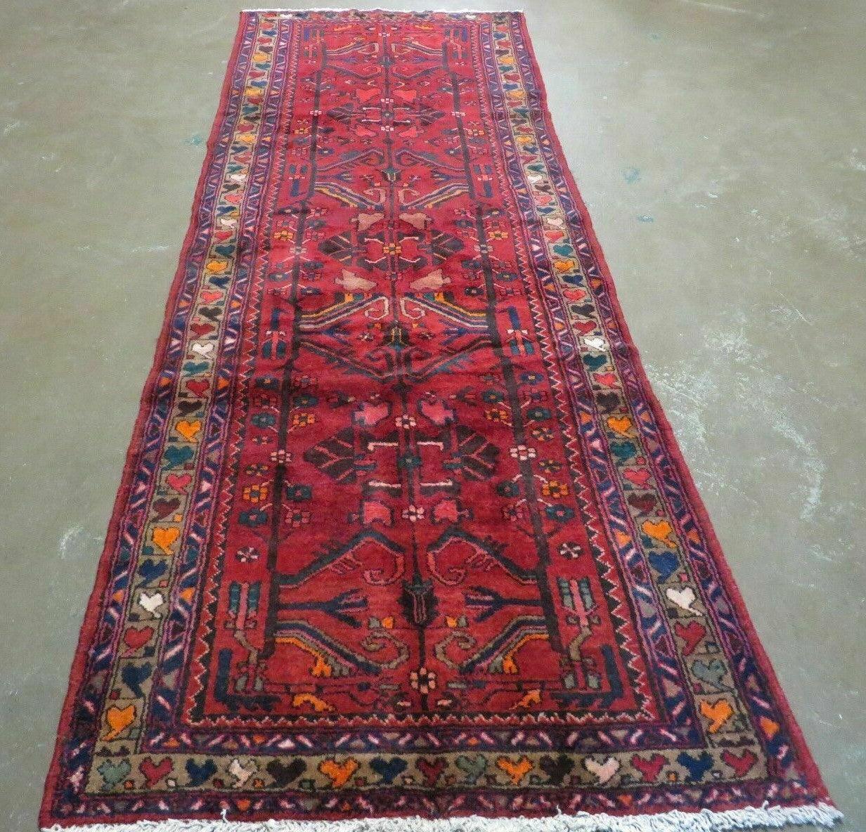 USED Antique Persian Hamadan Runner 3.4 x 9.7 -  Wool, Red and Navy Blue